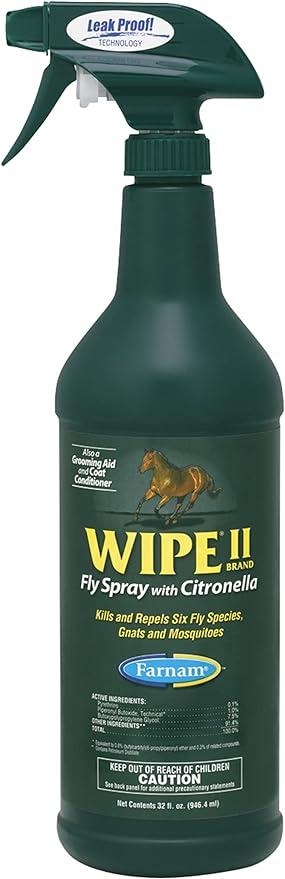 Farnam Wipe II Horse Fly Spray with Citronella, Grooming Aid and Coat Conditioner, 32 fluid ounces, One Quart Bottle with Trigger Sprayer