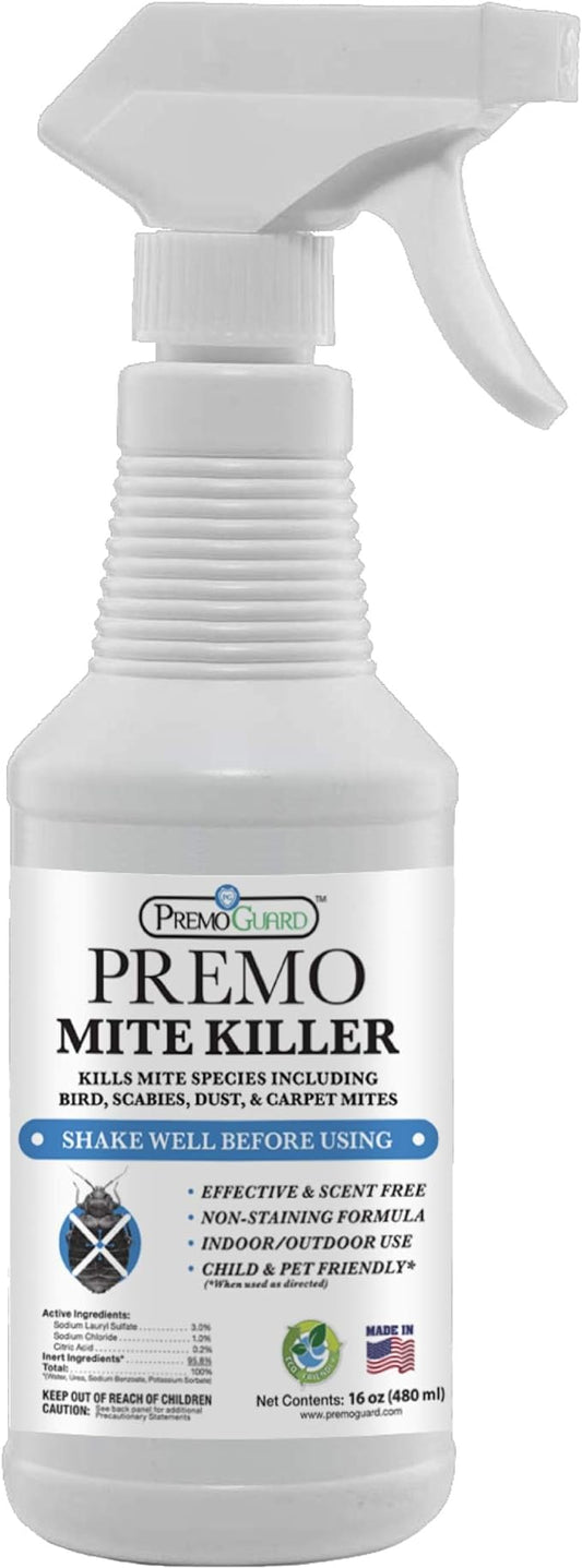 Mite Killer Spray by Premo Guard – Treatment for Dust Spider Bird Rat Mouse Carpet and Scabies Mites – Fast Acting 100% Effective – Child & Pet Safe – Best Natural Extended Protection (16 oz)