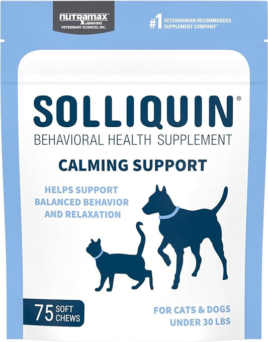 Nutramax Solliquin Calming Behavioral Health Supplement for Small to Medium Dogs and Cats - with L-Theanine, Magnolia/Phellodendron, and Whey Protein Concentrate, 75 Soft Chews