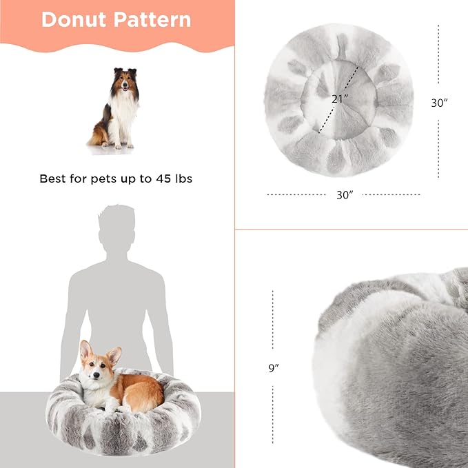 Best Friends by Sheri Patterned Lux Faux Fur Calming Large Donut Dog Bed, Gray, 30" x 30"
