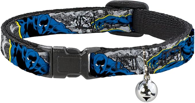 Cat Collar Breakaway Black Panther Poses Stacked Comics Grays Yellow Blue Red 8 to 12 Inches 0.5 Inch Wide