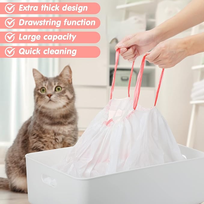 Thenshop 60 Count Litter Box Liners 36'' x 18'' Jumbo Cat Pan bags Drawstring Cat Supplies Extra Large Disposable Cat Litter Bags Cat Box Liners for Trash Waste Litter Box Tidy (Pink)