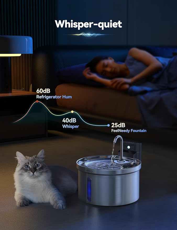 Wireless Cat Water Fountain [Water & Battery Separation] FEELNEEDY Stainless Steel Automatic Pet Water Dispenser, 4000mAh Battery Operated Water Fountains for Cats Dogs - 3.5L/118oz