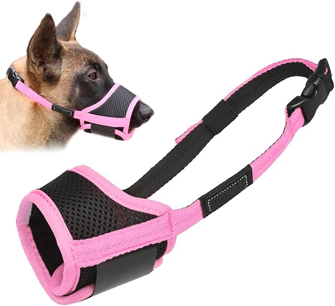 LUCKYPAW Dog Muzzle Anti Biting Barking and Chewing with Comfortable Mesh Soft Fabric and Adjustable Strap, Suitable for Small, Medium and Large Dogs(Pink Trim,XL)