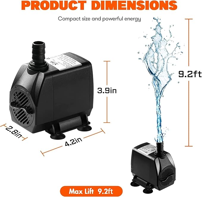 Simple Deluxe 550GPH Submersible Pump (2082L/H, 45W) with 9.2ft High Lift, Fountain Pump with 3 Nozzles for Fish Tank, Hydroponics, Pond, Aquarium