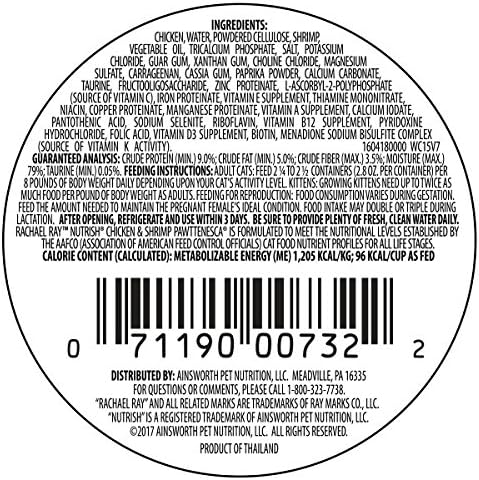 Rachael Ray Nutrish Natural Wet Cat Food with Added Vitamins, Minerals & Taurine, Chicken & Shrimp Pawttenesca Recipe, 2.8 Ounce Cup (Pack of 12), Grain Free