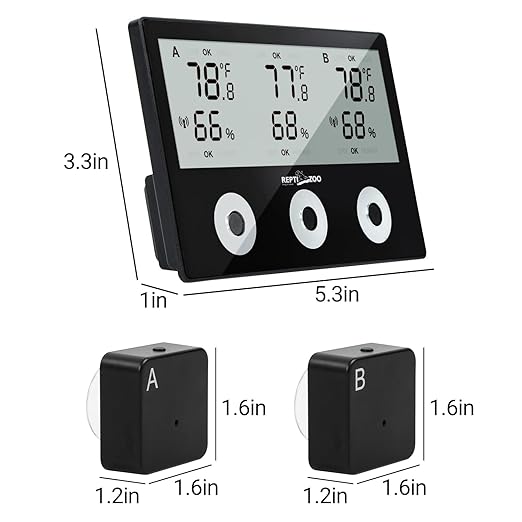 REPTI ZOO 3-Channels Reptile Thermometer Humidity Gauge, Wireless Digital Thermometer Hygrometer for Reptile Tank, Hygrometer Thermometer Monitor with Alarm Function Large Screen Display