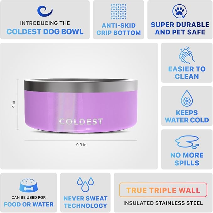 Coldest Dog Bowl, Anti Rust Metal & Non Slip Dog Bowls Large, Spill Proof Heavy Duty 3 Layers Insulated Dog Bowl, Food & Water Bowl for Dogs, Cats, Dishwasher Safe (100 oz, Saturns Purple Glitter)