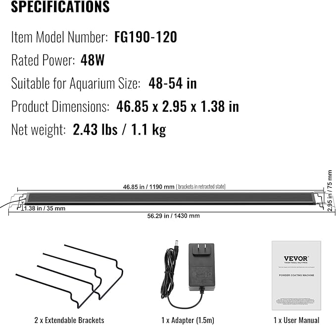 VEVOR Aquarium Light, 48W Full Spectrum Fish Tank Light with 24/7 Natural Mode, Adjustable Timer & 5-Level Brightness, with Aluminum Alloy Shell Extendable Brackets for 48"-54" Freshwater Planted Tank