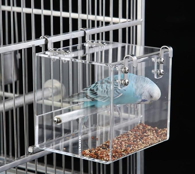 Automatic Bird Feeder No Mess Bird Cage Pet Feeder Seed Food Container for Parakeet Canary Cockatiel Parrot Finch Canary Acrylic (6.3 x 6.3 x 6.3 inch)