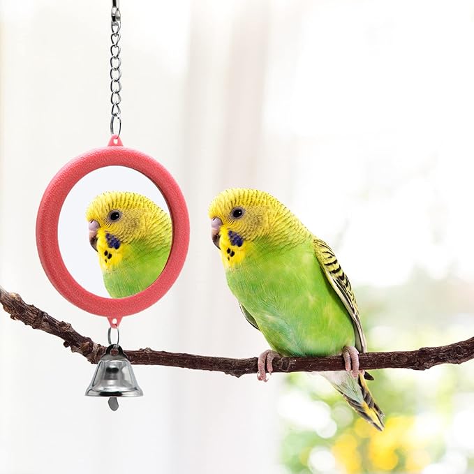 2PCS Bird Mirror with Bell Parrot Hanging Interactive Playing Toy for Cockatiel Parakeets Canaries Budgie Cage Accessories (Red)