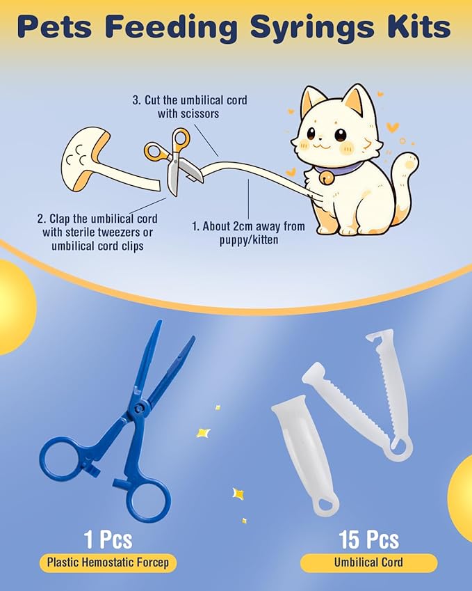 52Pcs Puppy Whelping Kit, Newborn Pets Whelping Supplies with 4 Puppy Feeding Tube,15 Puppy Whelping Collars, 15 Cord Clamps, 2 Gloves, Digital Thermometer, Stethoscope and More