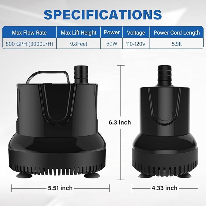 Simple Deluxe 800GPH Bottom Suction Submersible Pump (3000L/H, 60W) with 9.8ft High Lift, Fountain Pump with 3 Nozzles for Fish Tank, Pond, Aquarium, Hydroponics