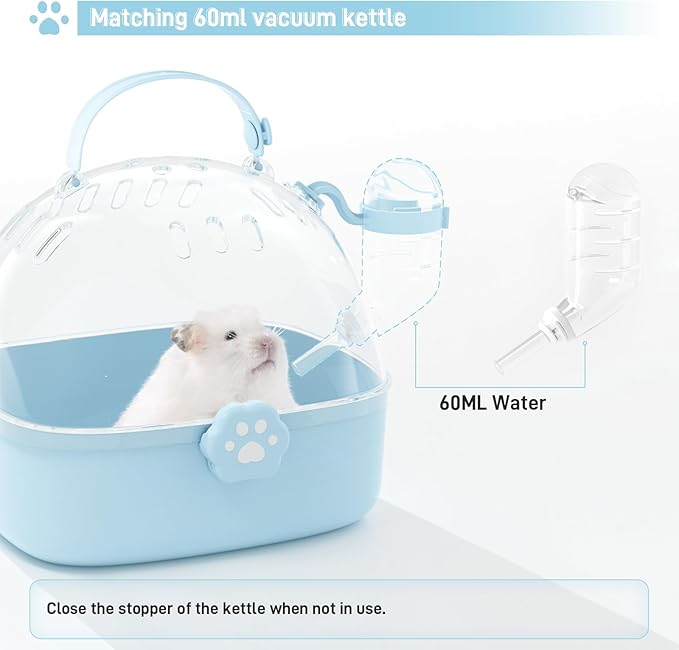 BUCATSTATE Small Animal Carrier Cage with Water Bottle, Portable Hamster Travel Carrier Carry Case 7.24" L*6.69 W *6.42" H for Small Pets, Gerbils, Mice, Dwarf Hamster (Blue)