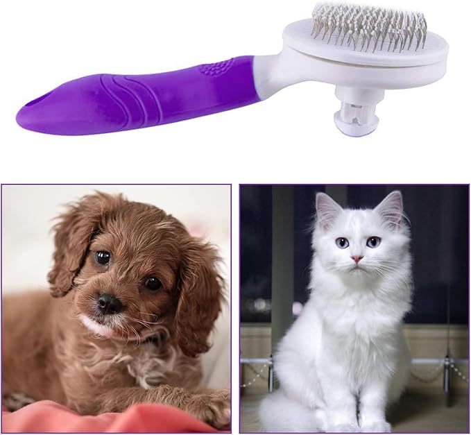 Cat Grooming Brush, Self Cleaning Slicker Brushes for Dogs Cats Pet Grooming Brush Tool Gently Removes Loose Undercoat, Mats Tangled Hair Slicker Brush for Pet Massage-Self Cleaning Upgraded (PURPLE)