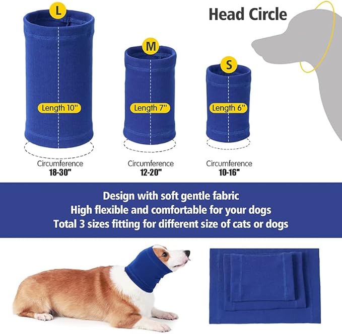 Dog Bonnet Ear Covers Pet Grooming Ear Cover Warmer Ear No Wrap Ear Flap Anxiety Hood for dogs Wine+Blue-M