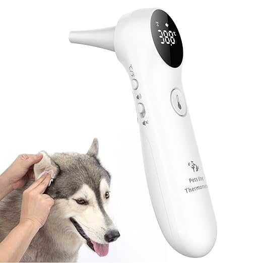 Dog Ear Temperature Monitor, Long Probe for Pets Ear Canal Only, Measure Dog Temperature in 1 second, Voice On/Off Switchable, C/F Switchable (White)