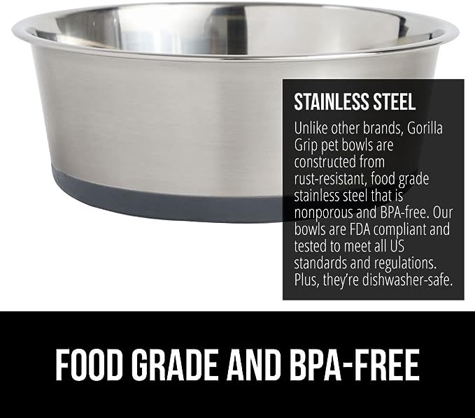 Gorilla Grip Stainless Steel Metal Dog Bowl Set of 2, Rubber Base, Heavy Duty Feeding Dishes, Food Grade BPA Free, Less Sliding, Quiet Pet Bowls for Cats and Dogs, Holds 3 Cups (24 fl oz), Gray