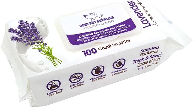 Best Pet Supplies 8" x 9" Pet Grooming Wipes for Dogs & Cats, Plant-Based Deodorizer for Coats & Dry, Itchy, or Sensitive Skin, Clean Ears, Paws, & Butt - Calming Lavender, 100 Count (Pack of 1)