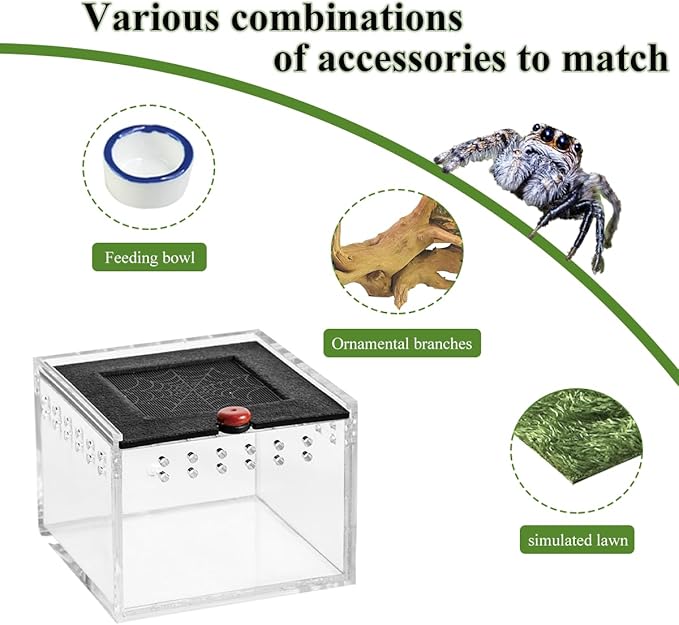 Acrylic Jumping Spider Enclosure,Spider Terrarium with Sunken Wood and Sod,Spider Box with Water Bowl Arboreal Tarantula Enclosure Jumping Spider Habitat for Spiders and Small Insects