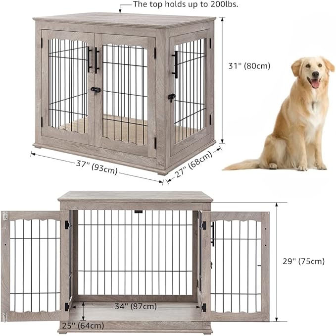 beeNbkks Furniture Style Dog Crate End Table, Double Doors Wooden Wire Dog Kennel with Pet Bed, Decorative Pet Crate Dog House Indoor Medium Large