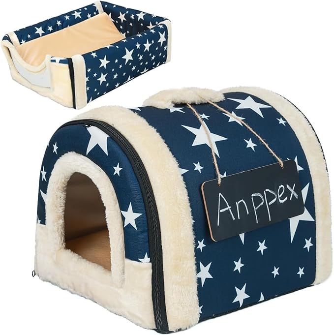 ANPPEX Small Dog House Indoor,2 in 1 Washable Covered Dog Cat Bed,Insulated Cozy Pet Dog Igloo Cave,S Size for Cats,Puppies,Rabbits and Small Animals,Blue