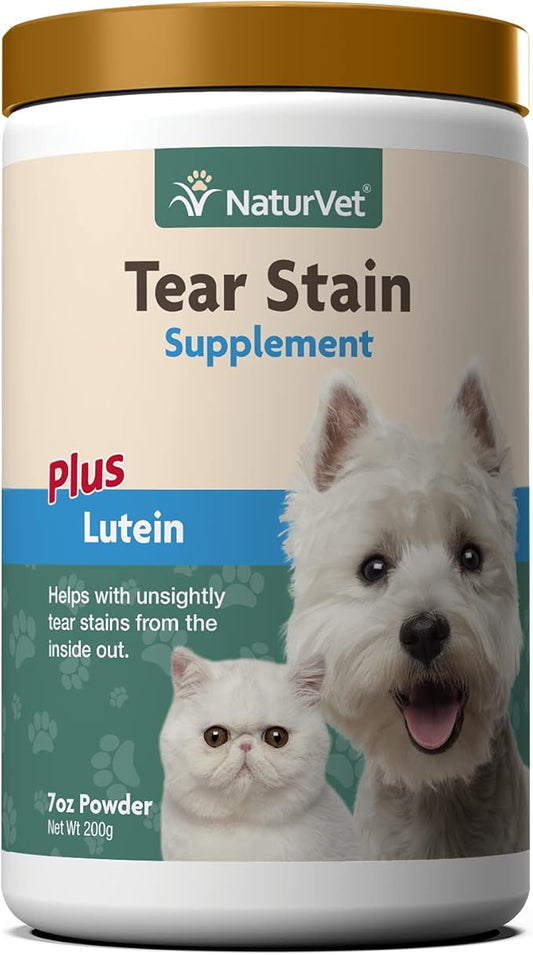 NaturVet – Tear Stain Plus Lutein | Eliminates Unsightly Tear Stains | Enhanced with Cranberry Extract, Calcium Ascorbate & Oregon Grape Root | for Dogs & Cats | 200 Gram Powder