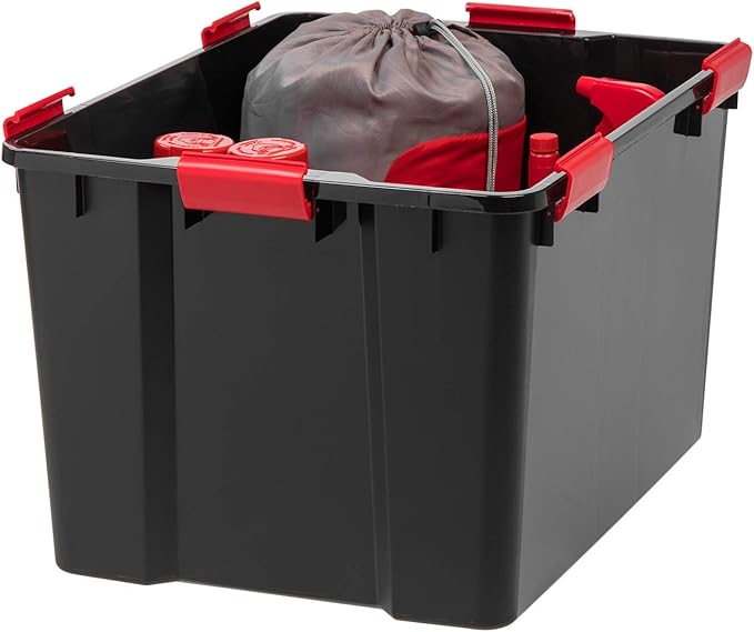 IRIS USA 74 Qt Storage Box with Gasket Seal Lid, 3 Pack - BPA-Free, Made in USA - Heavy Duty Moving Containers with Tight Latch, Weather Proof Tote Bin, WEATHERPRO - Black/Red
