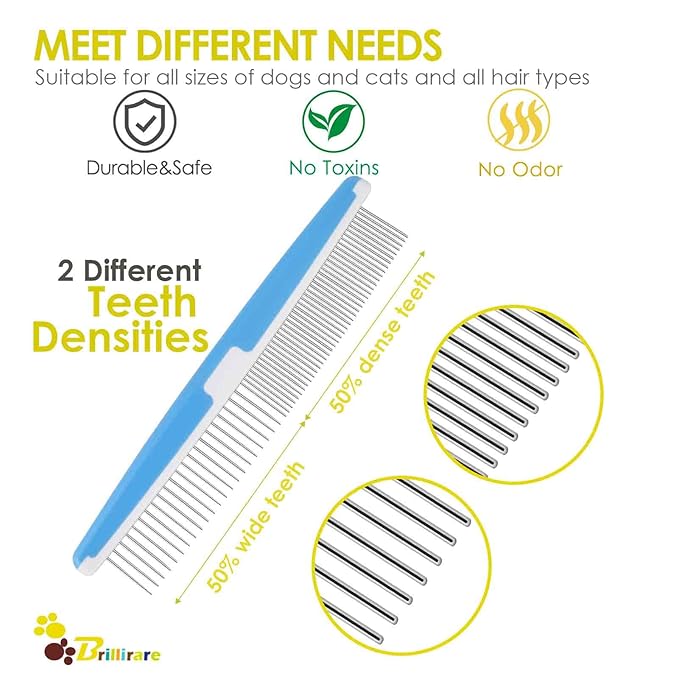 2 Pack Dog Combs, 2-in-1 Stainless Steel Cat Grooming Comb with Rounded Teeth, Professional Pet Dematting Tool, Prevents Knots and Mats for Small, Medium & Large Pets with Long & Short