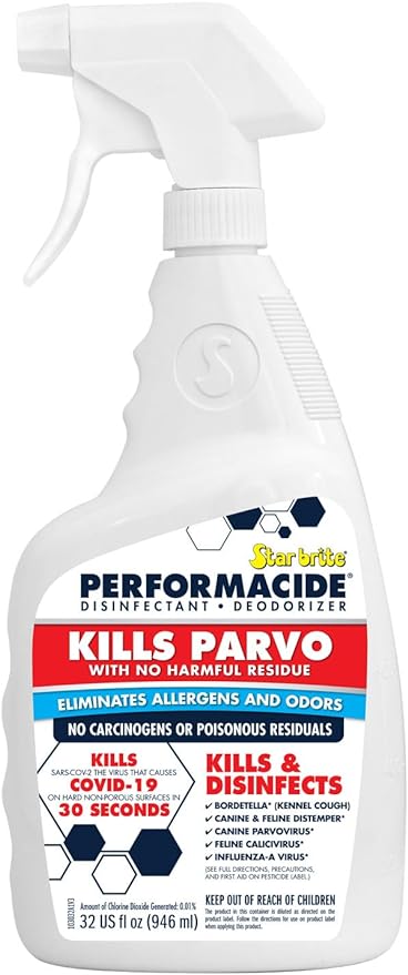 STAR BRITE PERFORMACIDE No-Rinse Disinfectant Deodorizer for Pet Surfaces - Kills Parvovirus, Ringworm, Feline Calicivirus, Avian Influenza (Bird Flu), Refillable, 32 OZ Kit,white