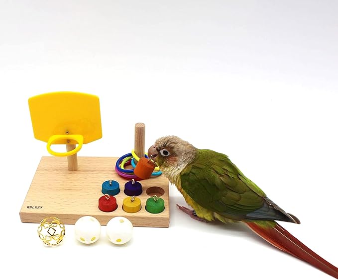 QBLEEV Bird Toys, Budgie Bird Trick Tabletop Toys, Training Basketball Stacking Color Ring Toys Sets, Parrot Chew Ball Foraing Toys, Pet Education Play Gym Playground Activity Cage Foot Toys