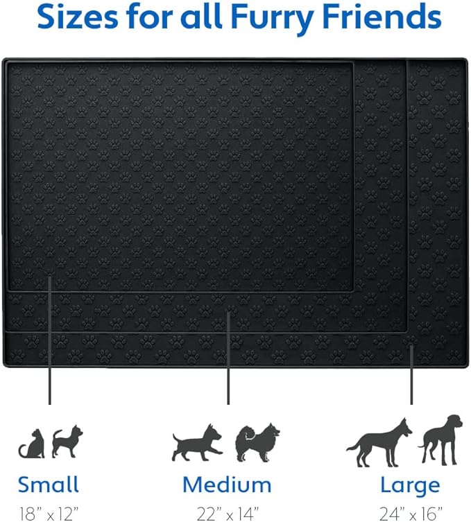 MIGHTY MONKEY 100% Waterproof Dog Food Mat, Raised Edges Silicone Pet Feeding Placemat for Cat, Dogs, Pet Bowls, High Lipped Tray Prevents Water Spills, Food on Floor, Dishwasher Safe, 22x14, Black