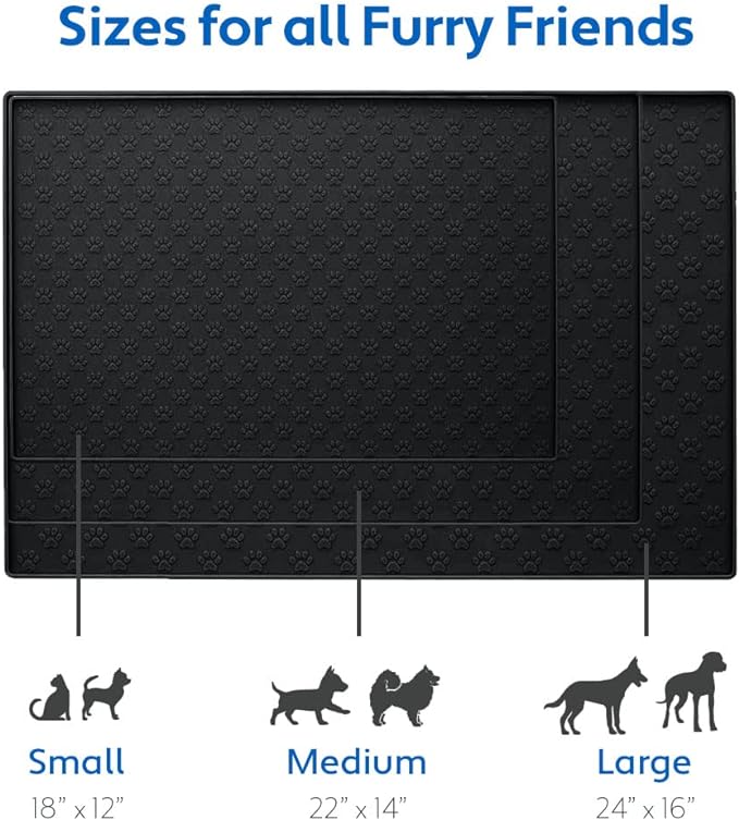 MIGHTY MONKEY 100% Waterproof Dog Food Mat, Raised Edges Silicone Pet Feeding Placemat for Cat, Dogs, Pet Bowls, High Lipped Tray Prevents Water Spills, Food on Floor, Dishwasher Safe, 18x12, Black