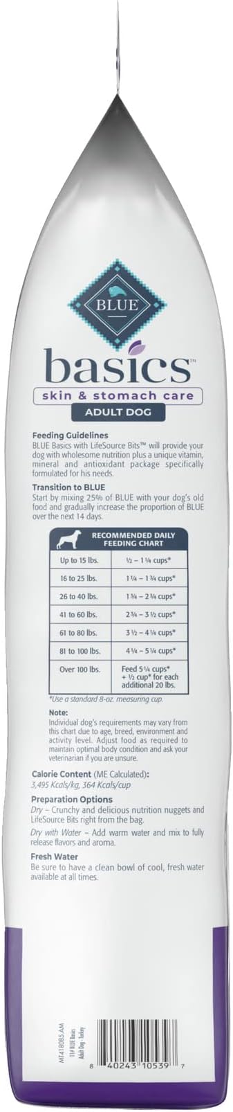 Blue Buffalo Basics Adult Dry Dog Food, Skin & Stomach Care, Limited Ingredient Diet for Dogs, Turkey Recipe, 11-lb. Bag