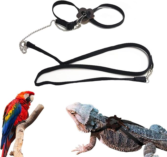 Lizard Leash Bearded Dragon Harness Adjustable Reptile Lizard Harness Leash Parrot Harness Turtle Lizard, Suitable for Gecko Hamster Kitten Small Animal Outdoor Walking,Black