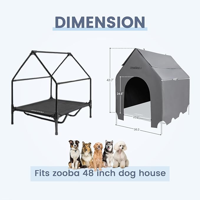 48” Durable Dog House Cover - Waterproof & UV-Resistant 600D Oxford Fabric Canopy for Outdoor Kennels - Fits 48"x37"x51" Houses - Protective Large Breed Shelter Top - COOL GREY