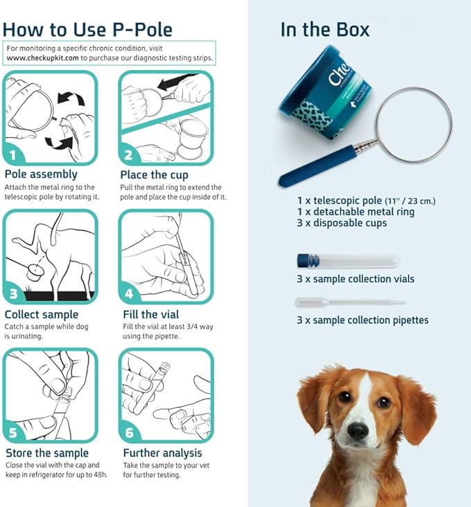 CheckUp P-Pole - Dog Urine Collection Pack - Telescopic Pole, Cups, Pipettes & Vials - A New Innovative, Do It Yourself Approach to Collect Your Dogs Urine at Home and Have it Ready for Testing