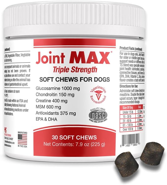 PHS Joint MAX Triple Strength (TS) Soft Chews for Dogs - Glucosamine, Chondroitin, MSM, Turmeric, Omega 3 - Hip and Joint Pain Relief and Support for Dogs - Made in USA - 30 Soft Chews