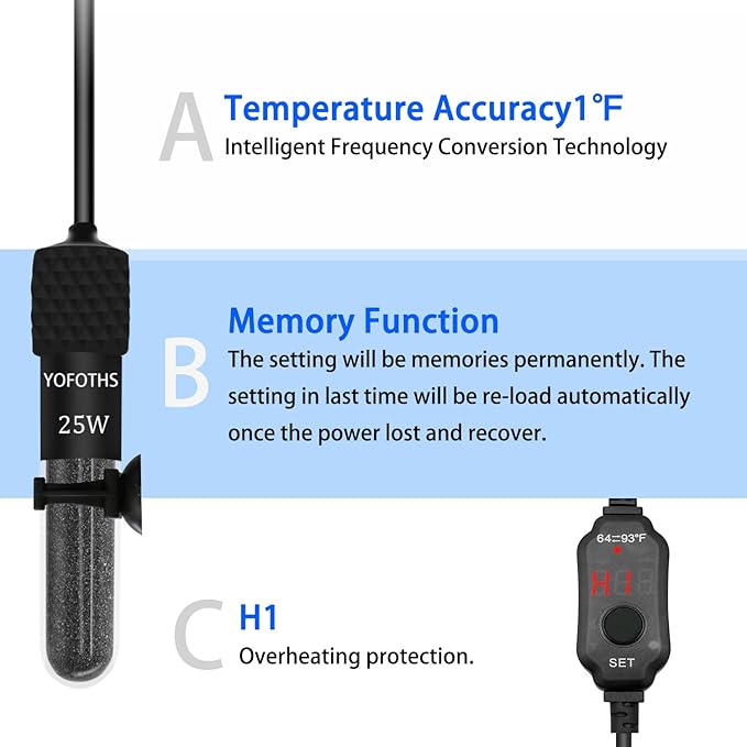 Adjustable Mini Aquarium Heater3-5 Gallons Submersible Small Fish Tank Heater 25W Digital Display Thermostat External Temperature Controller (25W)