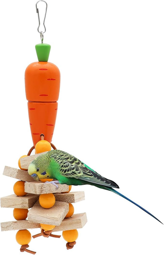 Bird Parrot Toys with Wood Blocks Beads and Colorful Ball, Hanging Parrots Cage Chewing Cascade Bite Toy for Small Medium Birds (Carrot Style-1p)