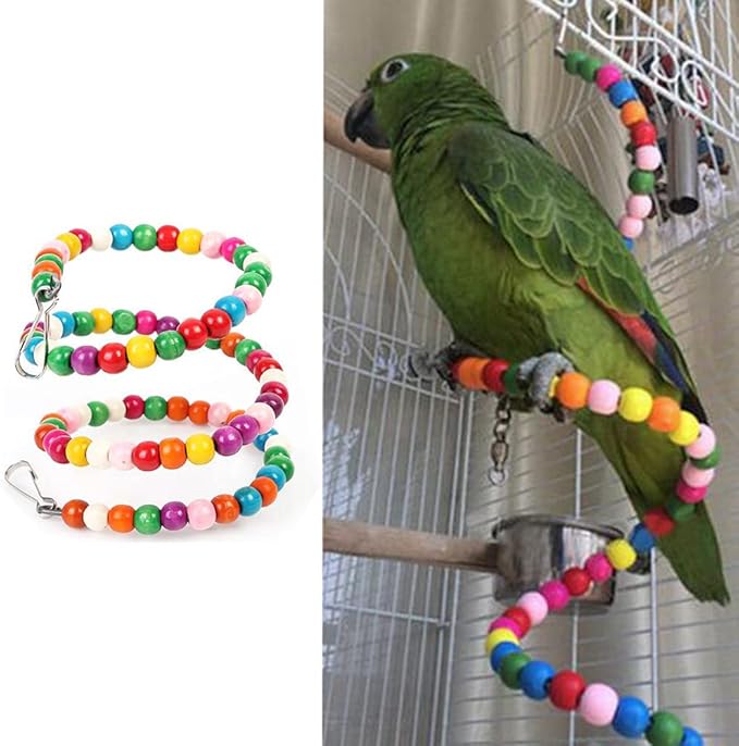 Bird Wood Beads Perch Parrot Revolving Suspension Bridge Toys Comfy Perch Bird Chew Toy for Parakeets Cockatiels, Conures, Budgerigar, Macaw, Lovebirds, Finches (39 inch)