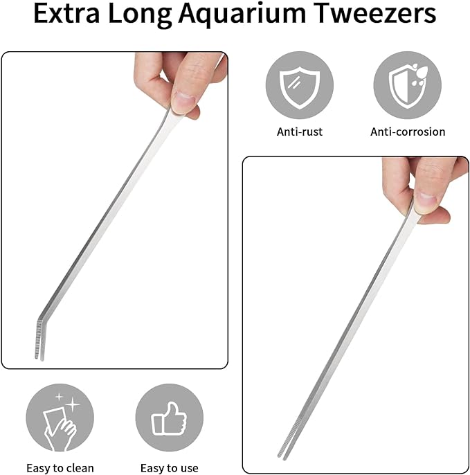 2PCS Long Aquarium Tweezers - 10.6" Straight and Curved Tweezers, Stainless Steel Reptile Feeding tongs, Terrarium Aquascape Tools Feeder for Lizards, Bearded Dragon Snake Tank Accessories