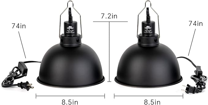 2 Pack Reptile Light Fixture, 8.5in Deep Dome Reptile Lamp Fixture, Optical Reflection Cover, Separate Switche & Hook, Terrarium Light Fixture for Reptile Heat Basking UVB Bulbs, 150W, Black