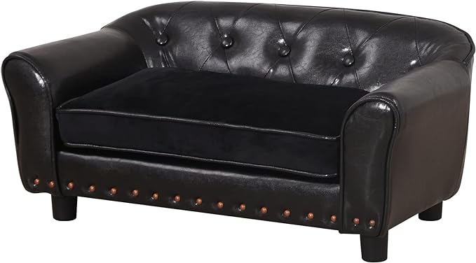 Dog Sofa and Chair/Luxury PU Leather Pet Sofa Chair/with Copper Nail Dog Couch/Wooden Frame Cat Sofa Chair/Dog Sofa Bed with Suede Cushion for Small Dog Using(Black)