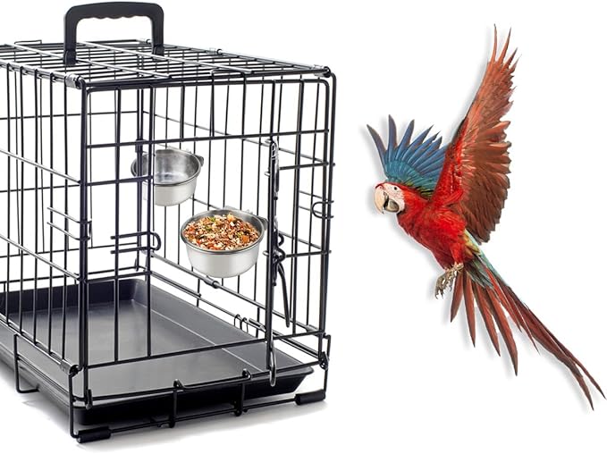 2 Pack Stainless Steel Bird Bowls for Cage Parrot Food Water Bowl Bird Feeding Dish Cups Parrot Food Water Feeder Pet Hanging Bowl Crate Coop Cups with Clamp Holder for Small Animal Dog Parakeet