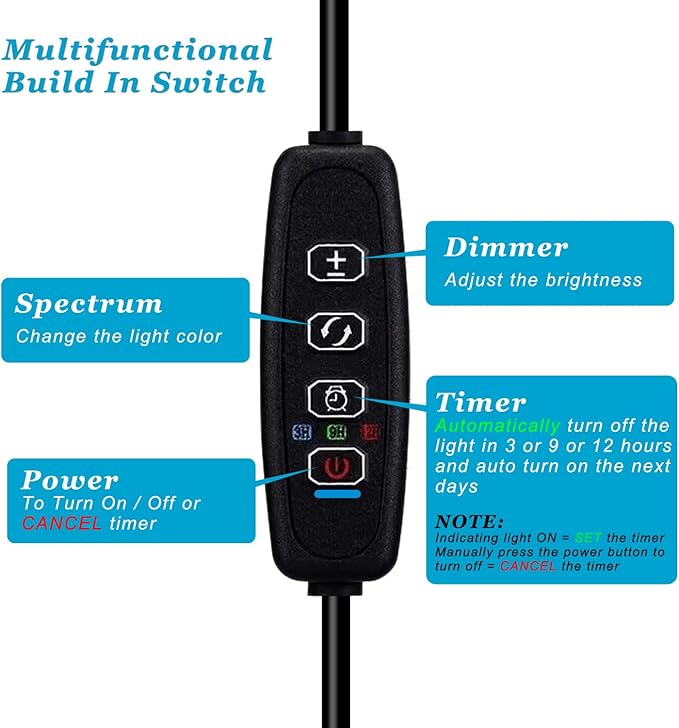 Clip On Aquarium Light with Timer for 3 to 8 Gal Fish Tank (Dimmable Full Spectrum LED) USB Moving Lamp for Open Terrarium (Adapter NOT Included)