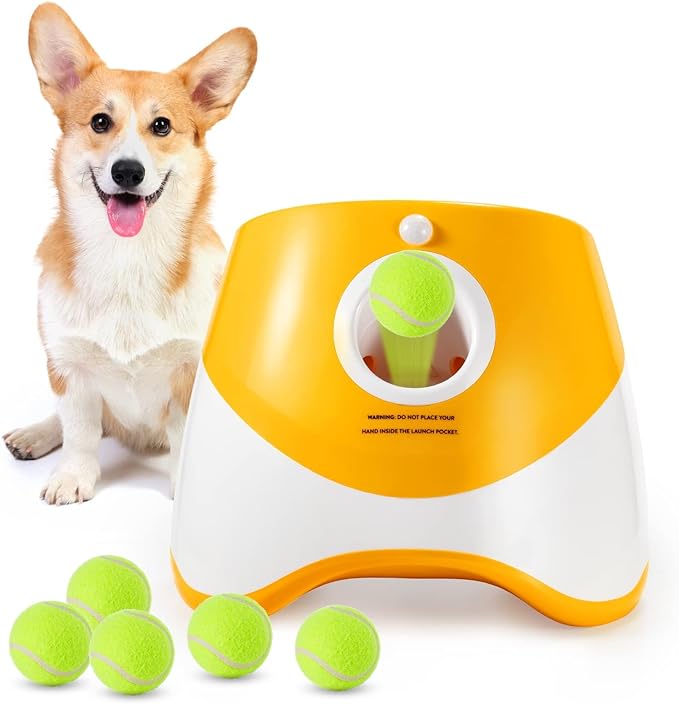 Dog Ball Thrower Launcher, Automatic Ball Launcher with 6 Mini Tennis Balls, Interactive Dog Toys Indoor Outdoor Ball Thrower Machine for Small Dogs with 3 Distance Settings