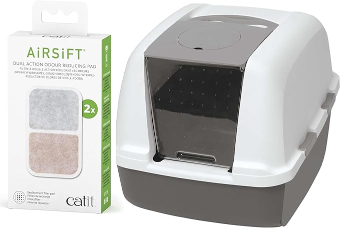 Catit Jumbo Hooded Cat Litter Pan, Warm Gray – Provides Privacy and Easy Access for Cleaning + Catit Airsift Dual Action Air Purifier Pad, 2 Pack