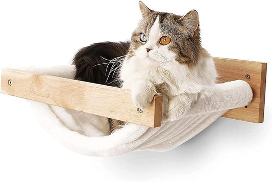 FUKUMARU Cat Hammock Wall Mounted, Kitty Beds and Perches, Wooden Cat Wall Furniture, Stable Cat Wall Shelves for Sleeping, Playing, Climbing, and Lounging, White Flannel Cat Shelves