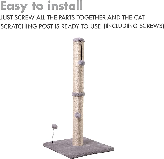 34“ Tall Cat Scratching Post Premium Basics Kitten Scratcher Sisal Scratch Posts Trees with Hanging Ball for Indoor Cats (34 inches for Adult Cats, Gray)